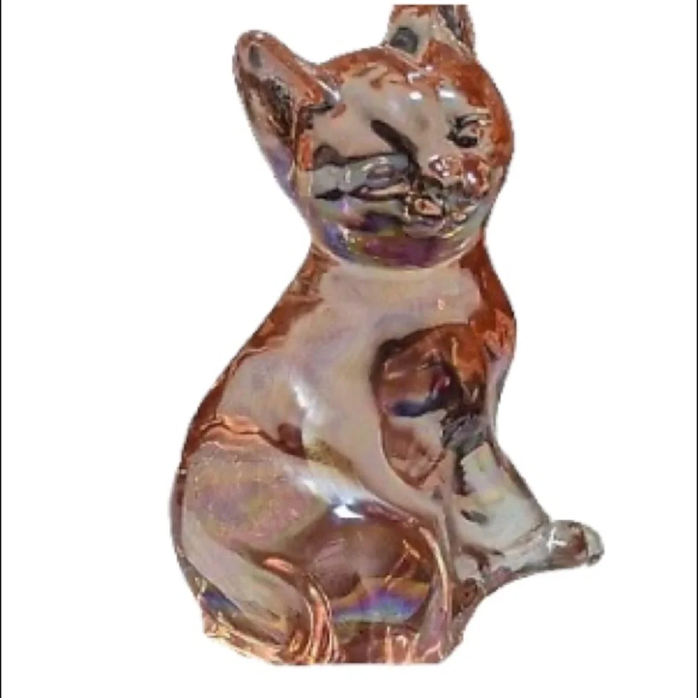 Vintage Fenton Iridescent Pink Glass Cat Kitten Collectible Decor Paperweight